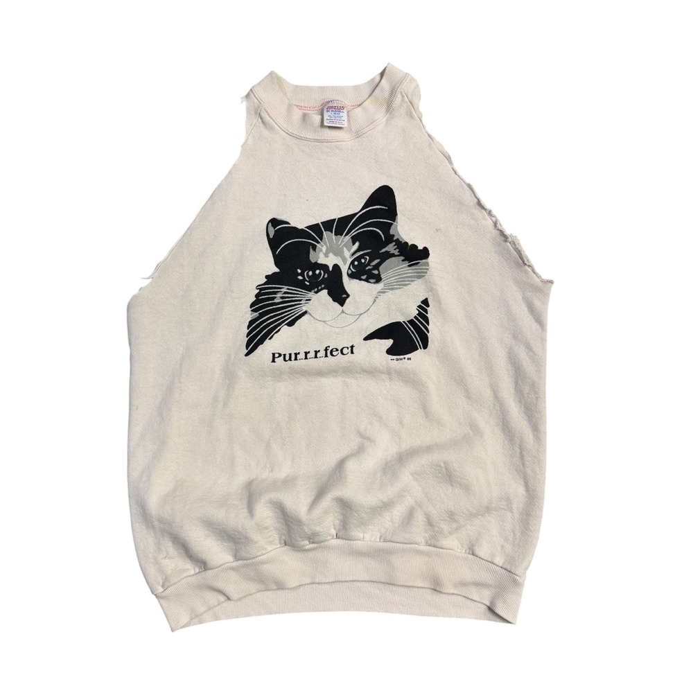Vintage 1986 Jerzees Purrrfect Cat Cut Off Sweatshirt Muscle Tank Cream Large
